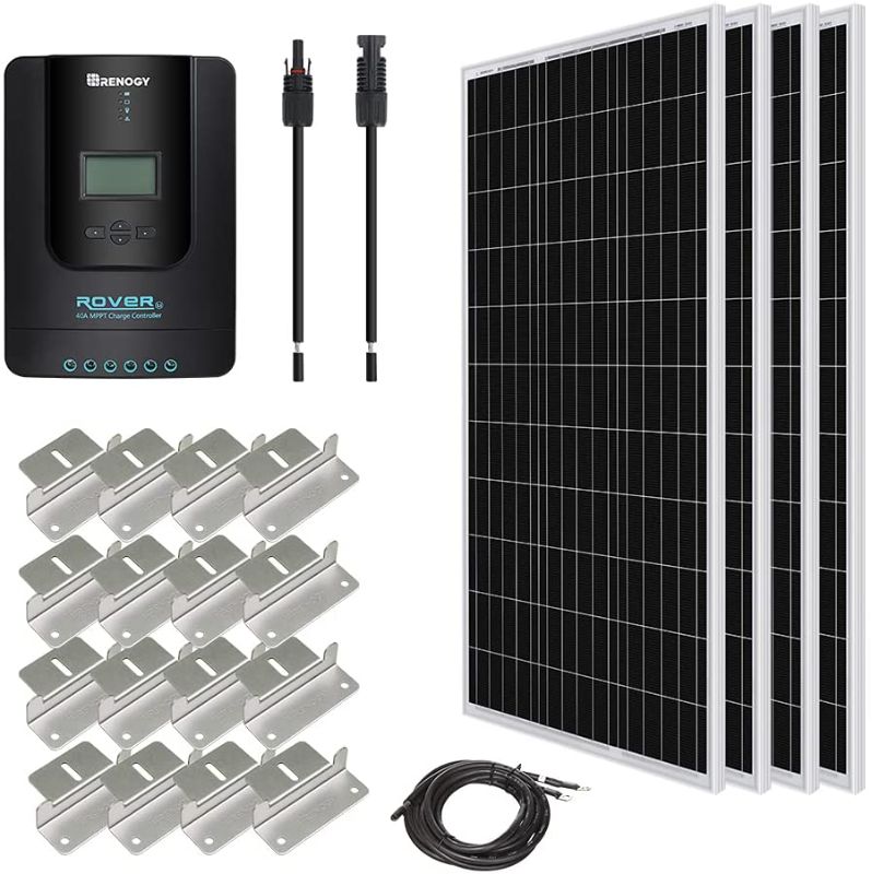 Photo 1 of Renogy 400 Watt 12 Volt Premium 4 Pcs 100W Panel+40A MPPT Charge Controller+ Bluetooth Module Fuse+ Mounting Z Brackets+Adaptor Kit +Tray Cables Set, 400W, Grid 12V Solar Power System
