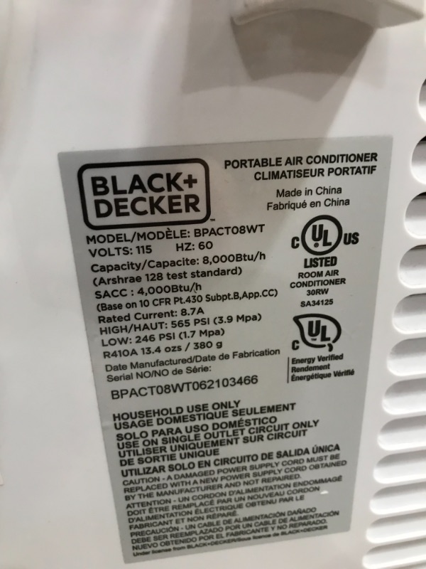 Photo 3 of BLACK+DECKER BPACT08WT Portable Air Conditioner with Remote Control, 4,000 BTU DOE (8,000 BTU ASHRAE), Cools Up to 150 Square Feet, White


//tested, powers on