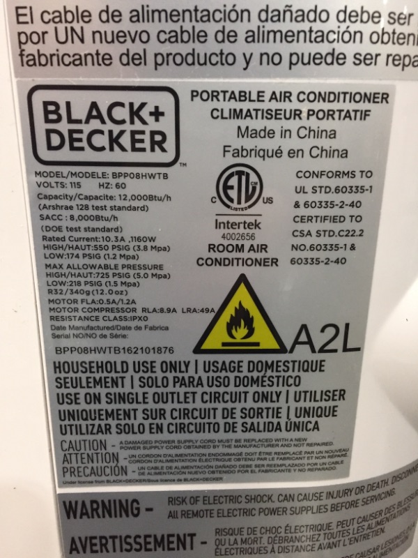 Photo 4 of BLACK+DECKER BPP08HWTB Portable Air Conditioner with Heat and Remote Control, 8,000 BTU SACC/CEC (12,000 BTU ASHRAE), Cools Up to 350 Square Feet, White
