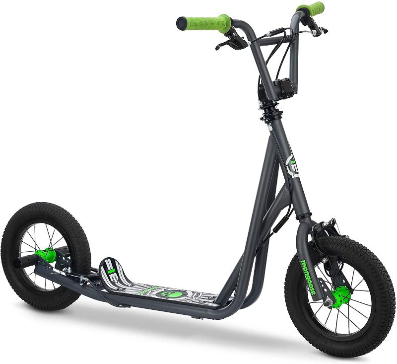Photo 1 of Mongoose Expo Scooter, Featuring Front and Rear Caliper Brakes and Rear Axle Pegs with 12-Inch Inflatable Wheels, Green/Grey