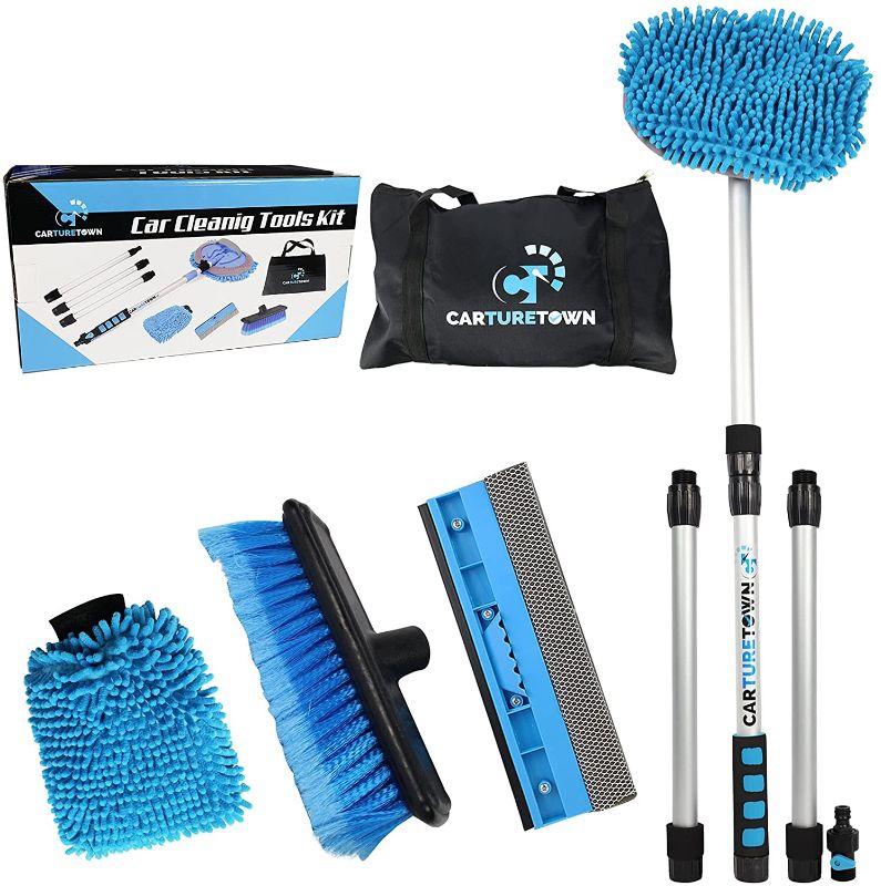 Photo 1 of CARTURETOWN 10 Pieces Car Wash Cleaning Kit- Long Handle Brush, Soft Bristle Exterior Duster, Scratch Free Mitt, Squeegee and Hose Attachment - Essential Supplies for Auto Care, Washing and Scrubbing
