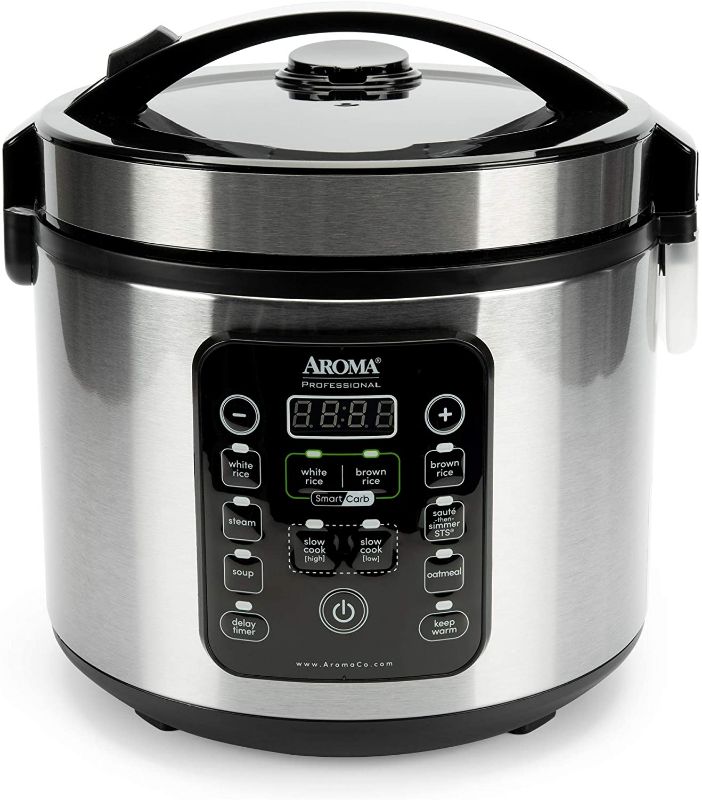 Photo 1 of Aroma Housewares ARC-1120SBL SmartCarb Cool-Touch Stainless Steel Rice Multicooker Food Steamer, Slow Cooker with Non-Stick Inner Pot and Steam Tray, 20-Cup(cooked)/ 5Qt, Black
