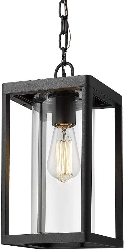 Photo 1 of Beionxii Outdoor Pendant Light, Modern Exterior Hanging Porch Lantern, Sanded Black Aluminum with Clear Cylinder Glass
