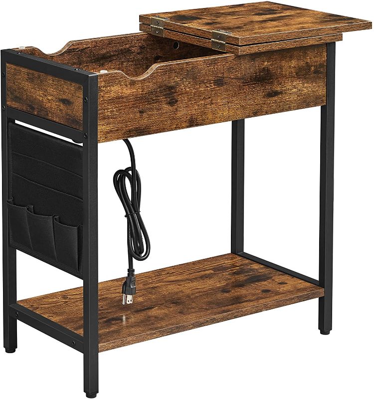 Photo 1 of VASAGLE End Table with USB Ports & Power Outlets, Flip Top Side Table with Charging Station, Nightstand with Storage Shelf and Fabric Bag, for Living Room, Bedroom, Rustic Brown and Black
