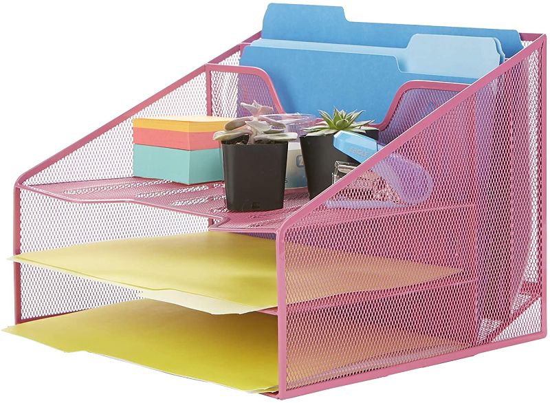 Photo 1 of Mind Reader Desk Mesh Organizer Storage, 5 Compartment, Pink
