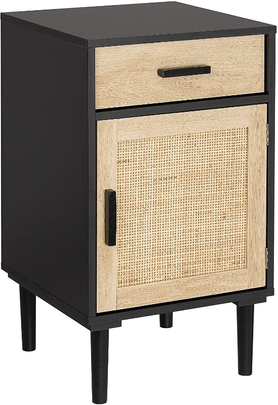 Photo 1 of Finnhomy Tall Nightstand, End Table, Side Table with Drawer and Shelf, Hand Made Rattan Decorated Doors, Wood Accent Table with Storage for Bedroom, Black, 2 Pack
