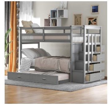 Photo 1 of **BOX 2 OF 3** Solid Wood Bunk Bed For Kids, Hardwood Twin Over Twin Bunk Bed With Trundle And Staircase, Natural Gray Finish
