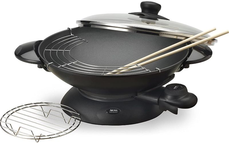 Photo 1 of Aroma Housewares AEW-306 Electric Wok with Tempered Glass Lid Easy Clean Nonstick, Cooking Chopsticks, Tempura and Steaming Racks, Professional Model, Black
