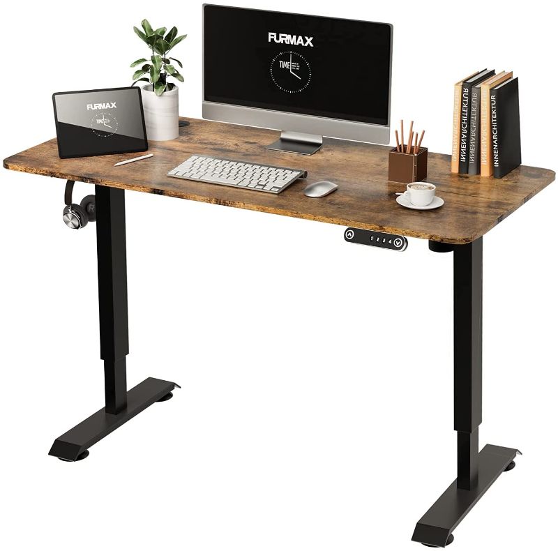 Photo 1 of Furmax Electric Adjustable Home Office Sit Stand Desk Computer Workstation with Preset Height Memory Controller Solid Wood Table Top, 48 Inch, Walnut
