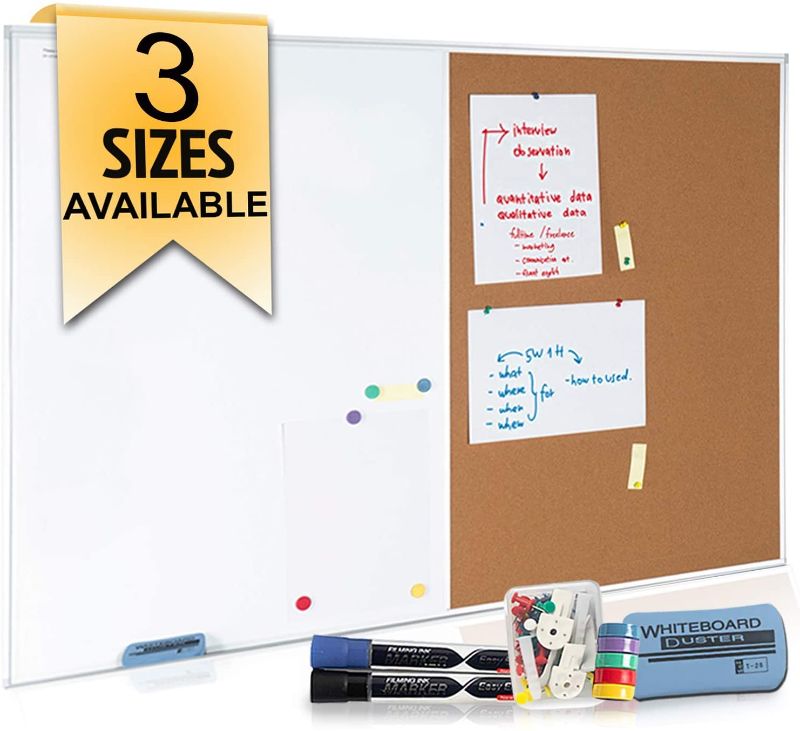 Photo 1 of White Board and Cork Board Combination 48 x 36 , Large Magnetic Bulletin Board for Home or Office, Versatile Wall Mounted Dry Erase Board | Message & Memo Board | Markers, Eraser, Push Pins Included
