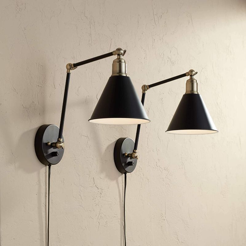 Photo 1 of 
Wray Modern Indoor Adjustable Swing Arm Wall Lamp with Cord Set of 2 Black Antique Plug-in Light Fixture Dimmable Metal Shade for Bedroom Bedside...
Color:Set of 2 - Black