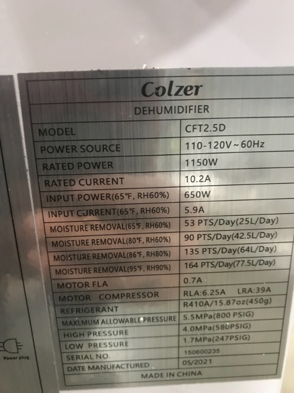 Photo 5 of COLZER 164 Pints Commercial Dehumidifiers with Continuous Drain Hose for Basements Warehouse Grow Room, Water Damage Restoration Dehumidifiers with 1.32 Gallon Water Reservoir - 20.5 Gallon/Day

//TESTED POWERS ON//MAKES NOISE WHEN ON// DENTED
