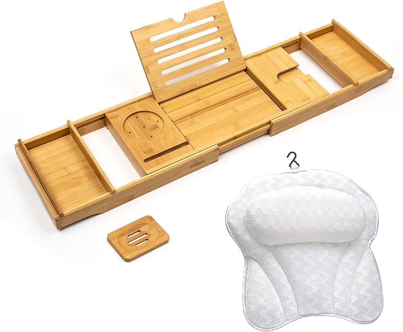 Photo 1 of **DAMAGED**
SMIRLY Bamboo Bathtub Tray Expandable: Bamboo Bath Tray for Tub with Book Stand, Bamboo Bathtub Caddy Tray for Luxury Bath, Bamboo Bath Caddy Tray for Tub, Bath Tub Table Caddy, Bath Tub Tray for Bath
