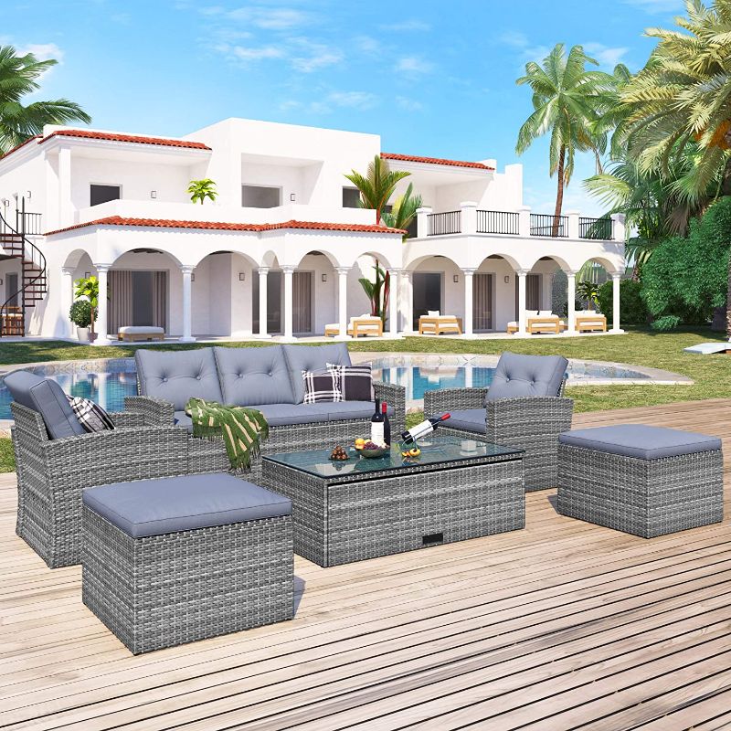 Photo 1 of **INCOMPLETE BOX 1 OF 4**
6-Piece All-Weather Wicker PE Rattan Patio Outdoor Dining Conversation Sectional Set with Coffee Table, Wicker Sofas, Ottomans, Removable Cushions (Dark Grey Wicker+Light Grey Cushion)
