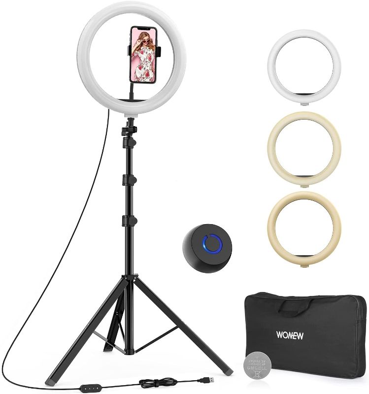 Photo 1 of WONEW 12" LED Ring Light with Tripod Stand 66", Flexible Phone Holder & Remote Shutter & Carry Bag, Reinforced Aluminum Tripod for Live Stream/Makeup/Selfie/Photography, Compatible with iOS/Android
