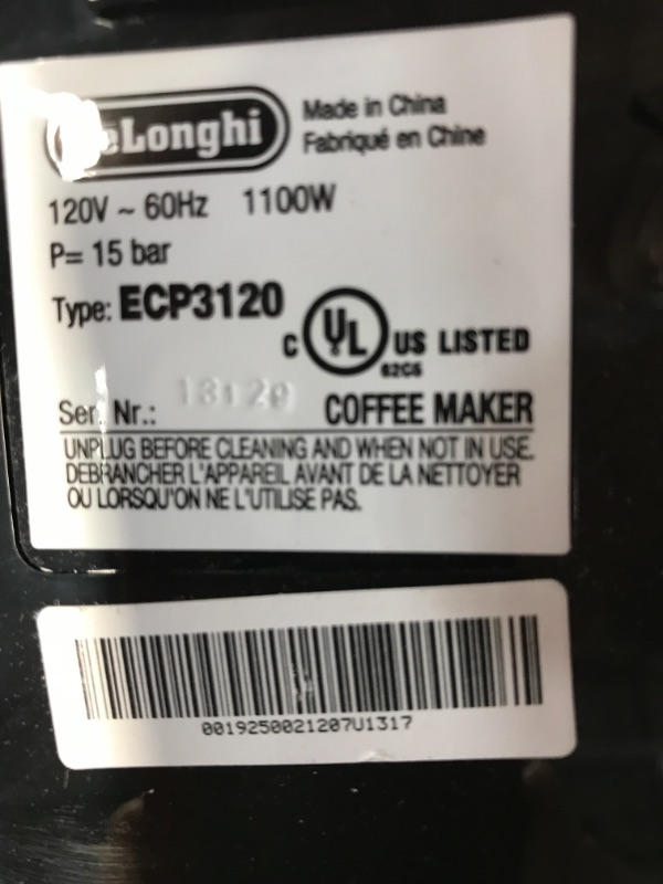 Photo 2 of ***PARTS ONLY*** De'Longhi ECP3120 15 Bar Espresso Machine with Advanced Cappuccino System, 9.6 x 7.2 x 11.9 inches, Black/Stainless Steel
