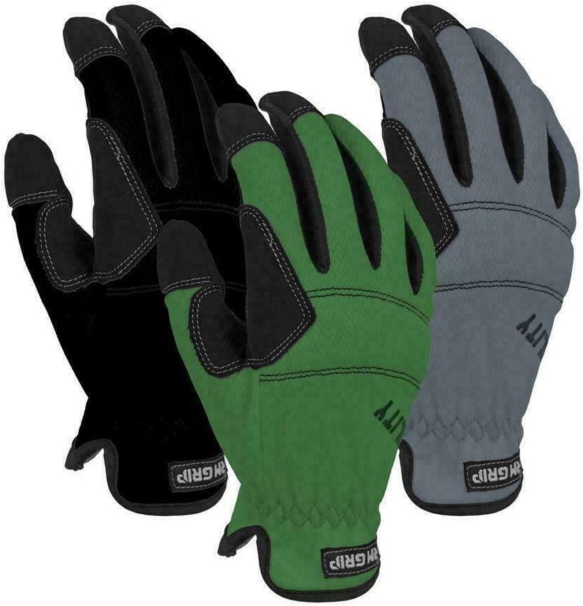 Photo 1 of Firm Grip 3-Pairs Synthetic Leather Utility Working Gloves (Size M, Black, Green & Grey)