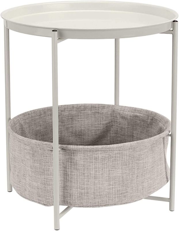 Photo 1 of **USED, MISSING HARDWARE**
Amazon Basics Round Storage End Table, Side Table with Cloth Basket - White/Heather Gray, 19 x 18 x 18 Inches

