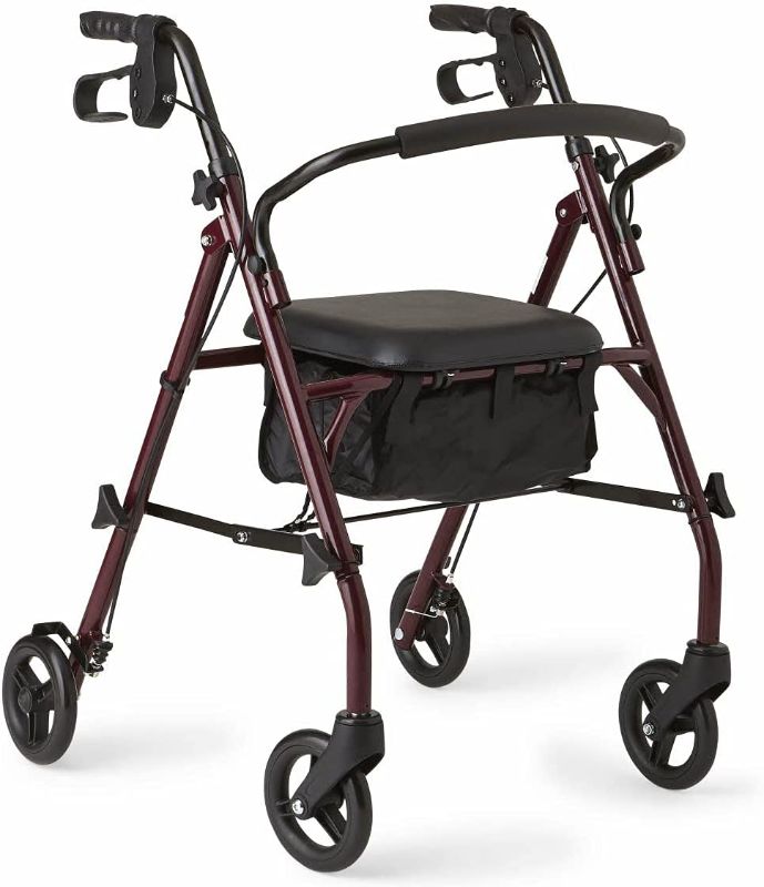 Photo 1 of **USED, MISSING HARDWARE, MISSING COMPONENTS**
Medline Rollator Walker with Seat, Steel Rolling Walker, Burgundy & Toilet Safety Rails, Safety Frame for Toilet with Easy Installation, Height Adjustable Legs, Bathroom Safety