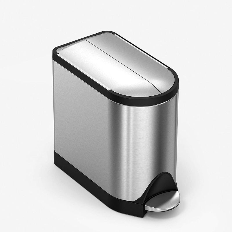 Photo 1 of **CAN HAS DENTS**
simplehuman 10 Liter / 2.6 Gallon Butterfly Lid Bathroom Step Trash Can, Brushed Stainless Steel with Black Trim

