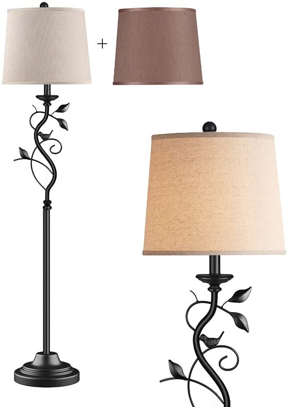 Photo 1 of 3-Way Dimmable LED Floor Lamps for Living Room, Little Bird Standing Lamp, Tall Lamp with Brown and Linen Shade, Vintage Modern Bedroom Lamp for Reading, Office, Study
