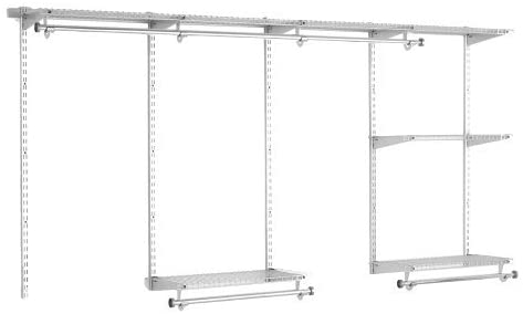 Photo 1 of **USED, SHELFS DAMAGED, MISSING HARDWARE**
Rubbermaid Configurations Classic Closet Kit, Titanium, 4-8 Ft., Wire Shelving Kit with Expandable Shelving and Telescoping Rods, Custom Closet Organization System, Easy Installation
