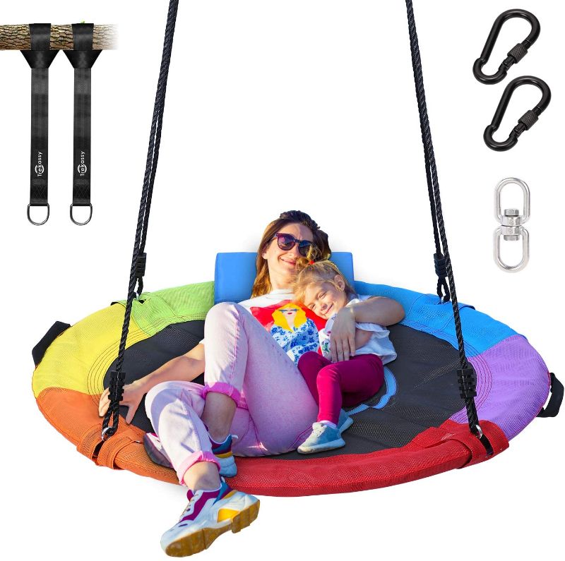 Photo 1 of **USED, MISSING HARDWARE, MISSING COMPONENTS**
Trekassy 750lbs 40 Inch Saucer Tree Swing for Kids Adults Textilene Wear-Resistant with Pillow, Swivel, 2pcs 10ft Tree Hanging Straps
