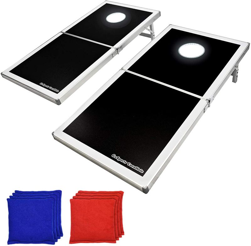 Photo 1 of **USED, MISSING BEAN BAGS**
GoSports Cornhole PRO Regulation Size Bean Bag Toss Game Set - Foldable (American Flag, LED, Black, Red & Blue Designs)
