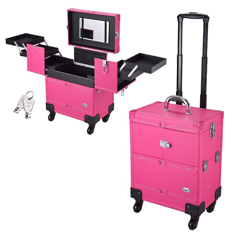 Photo 1 of ***ACTUAL BOX IS DIFFERENT FROM STOCK PHOTO**
AW Pink Rolling Makeup Train Case for Artist Beauty Trolley Cosmetic Organizer Box Handle Mirror w/ 4 360-degree Wheels

