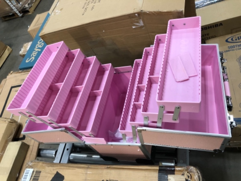 Photo 2 of ***ACTUAL BOX IS DIFFERENT FROM STOCK PHOTO**
AW Pink Rolling Makeup Train Case for Artist Beauty Trolley Cosmetic Organizer Box Handle Mirror w/ 4 360-degree Wheels

