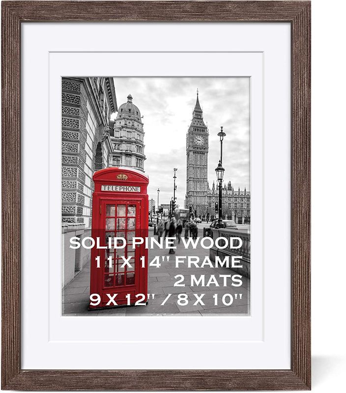 Photo 1 of 11x14 Rustic Picture Frames Solid Wood Distressed Brown- Display Picture 9x12 or 8x10 with Mat or 11x14 Frame without Mat - Farmhouse Wooden Photo Frame 11x14 with 2 Mats for Wall Mounting or Table Top
