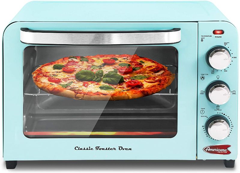 Photo 1 of **USED**
Elite Gourmet with Temperature Control & Adjustable 60-Minute Timer Vintage Diner 50’s Retro Countertop Toaster Oven, 1300W, Bake, Broil, Toast, Fits 12” Pizza, 6 Slice, Mint Blue
