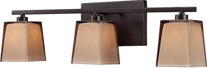 Photo 1 of **USED, MISSING HARWARE**
Elk 11438/3 23 by 7-Inch Serenity 3-Light Bathbar with Tan Cubic Glass Shade, Oiled Bronze Finish
