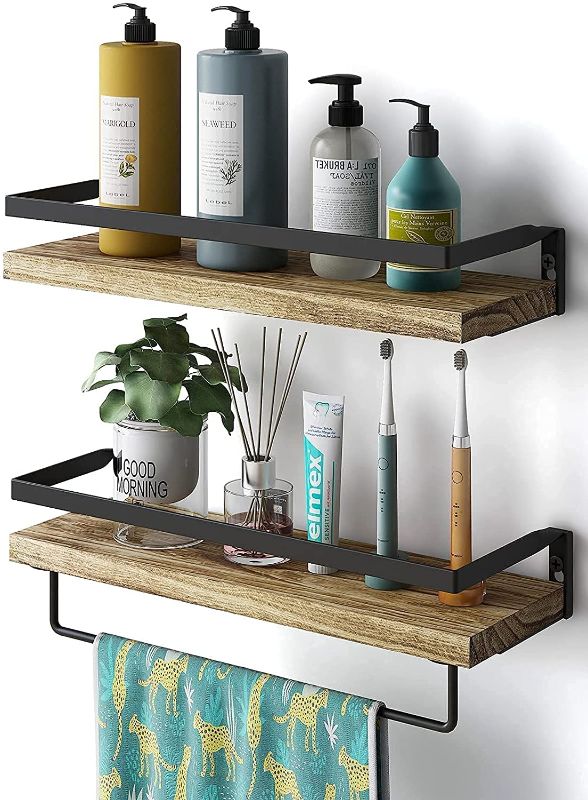 Photo 1 of **MISSING HARDWARE**
AMADA HOMEFURNISHING Floating Shelves Wall Mounted for Bathroom, Kitchen, Bedroom, Storage Shelf with Towel Holder, Rustic Wood Set of 2-AMFS01
