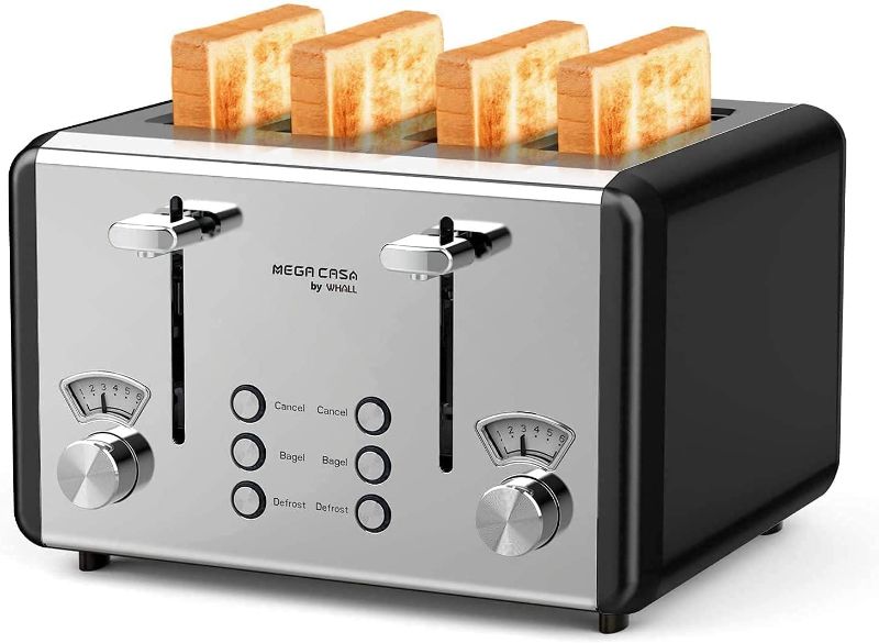 Photo 1 of 4 Slice Toaster, whall Stainless Steel,Bagel Toaster-6 Bread Shade Settings,Bagel/Defrost Cancel Function with Dual Control Panels,4 Extra Wide Slots,Removable Crumb Tray,for Various Bread Types 1500W
