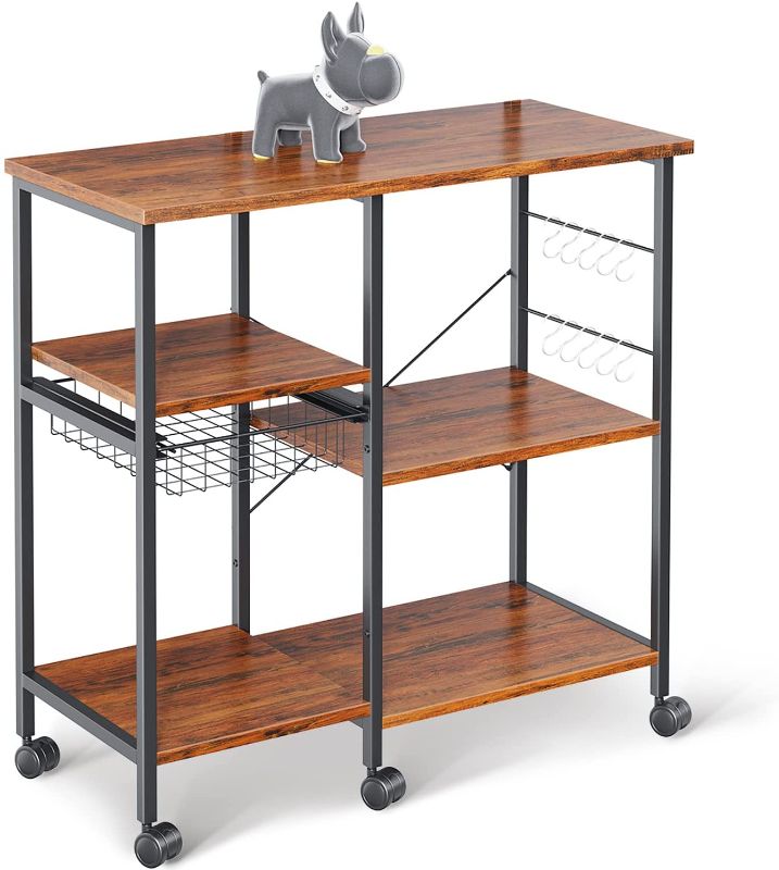 Photo 1 of **USED, MISSING HARDWARE, MISSING PARTS*
ODK Kitchen Baker's Rack with Wheels Utility Storage Shelf Microwave Oven Stand 3-Tier+4-Tier Coffee Bar Table with 10 S-Shape Hooks and Wire Basket for Spice Rack, Metal Frame, American Cherry
