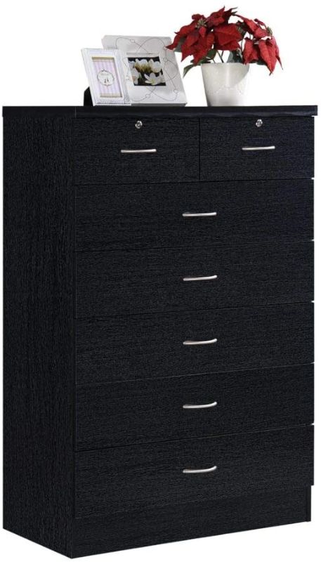 Photo 1 of **PARTS ONLY, USED, DAMAGED, MISSING PARTS AND HARDWARE**
HODEDAH IMPORT Hodedah 7 Chest with Locks on 2-Top Drawers in Black Dresser, Assembled dimensions: 48 in. H x 31.5 in. W x 18 in. D
