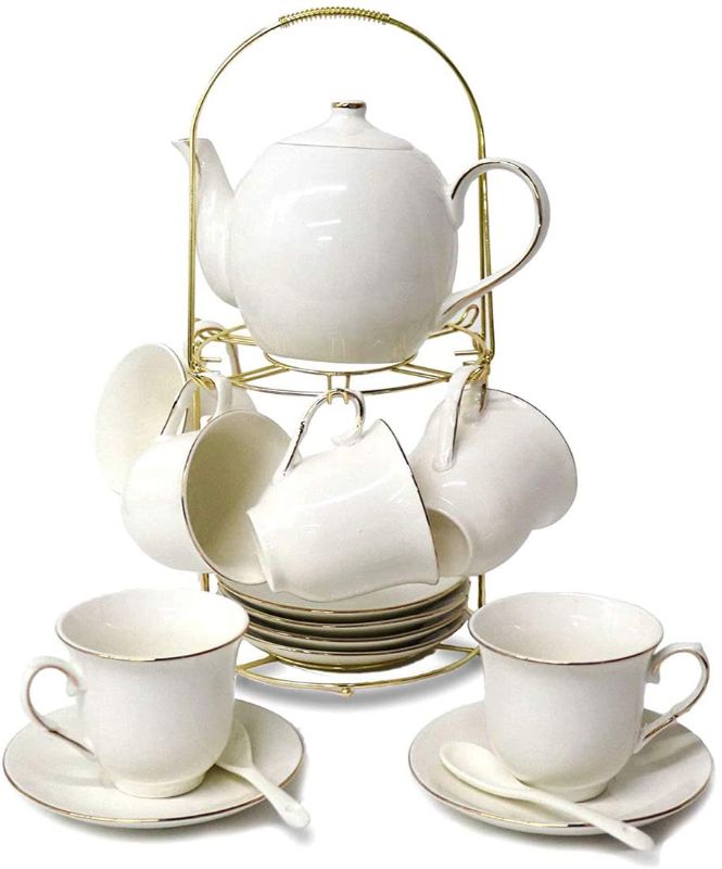 Photo 1 of  European Ceramic Tea Sets,Bone China Coffee Set with Metal Holder?White Tea Set,600ML/Pot,160ML/Cup.
