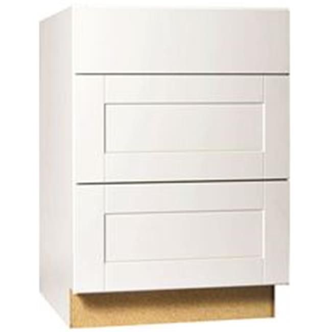 Photo 1 of **DAMAGE TO FRAME**
Hampton Bay Shaker Satin White Stock Assembled Drawer Base Kitchen Cabinet with Drawer Glides (24 in. X 34.5 in. X 24 in.)