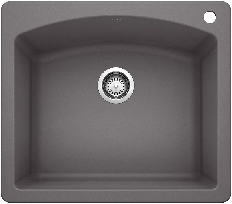 Photo 1 of **TWO CORNERS OF SINK ARE BROKEN REFER TO PHOTO**
BLANCO, Cinder 441463 DIAMOND SILGRANIT Drop-In or Undermount Kitchen Sink, 25" X 22"
