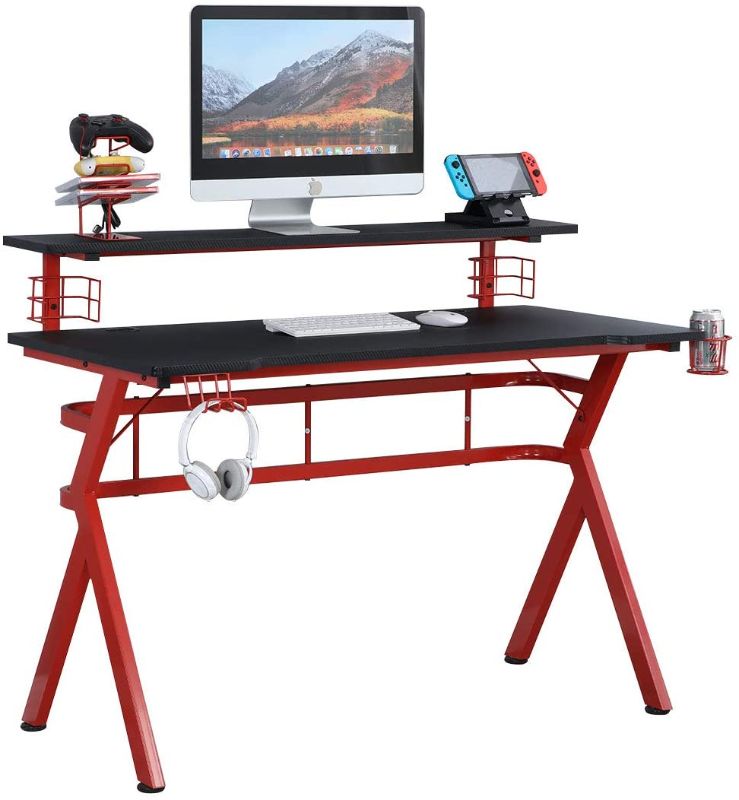 Photo 1 of **ACTUAL DESK IS DIFFERENT FROM STOCK PHOTO**HARDWARE MISSING
YOLENY Computer Desk, 47 Inch Gaming Desk, Professional Gamer Desk Table with Speaker Stand, Controller Stand, Headphone Hook and Storage Basket, Gaming Workstation Desk, Red
