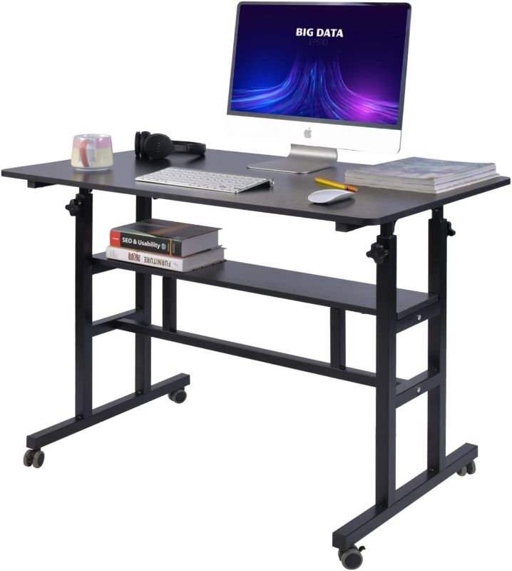 Photo 1 of AIZ Mobile Standing Desk, Adjustable Computer Desk Rolling Laptop Cart on Wheels Home Office Computer Workstation, Portable Laptop Stand Tall Table for Standing or Sitting, Black 31.5" x 19.7"
