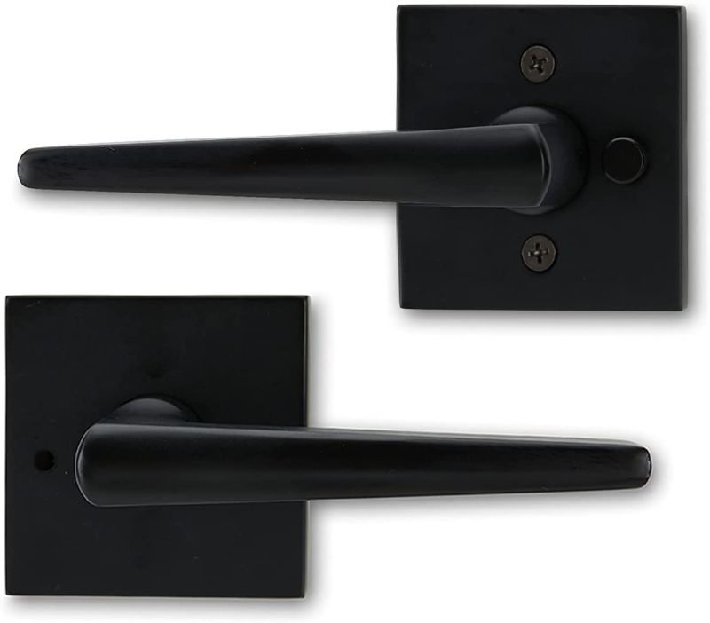 Photo 1 of 2 PACK Privacy Black Lever Door Handle - Low Profile Square Shaped Door Lever with Push Button Lock for Interior and Exterior Doors - Reversible Door Handles for Left or Right-Handed Doors (Matte Black)
