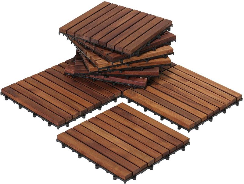 Photo 1 of Bare Decor EZ-Floor Interlocking Flooring Tiles in Solid Teak Wood Oiled Finish (Set of 10), Long 9 Slat
