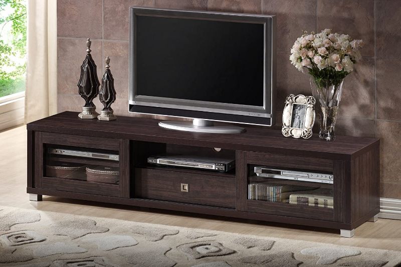 Photo 1 of **SIMILAR TO STOCK** Baxton Studio Wholesale Interiors Beasley TV Cabinet with 2 Sliding Doors and Drawer, 70", Dark Brown
