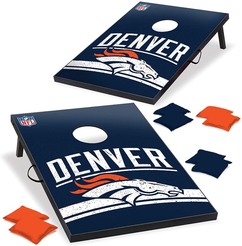 Photo 1 of **ONE BOARD DAMAGED** Wild Sports NFL Denver Broncos Cornhole Outdoor Game Set, 2' x 3', Blue, One Size (1-1-16023-TJ109WD)
