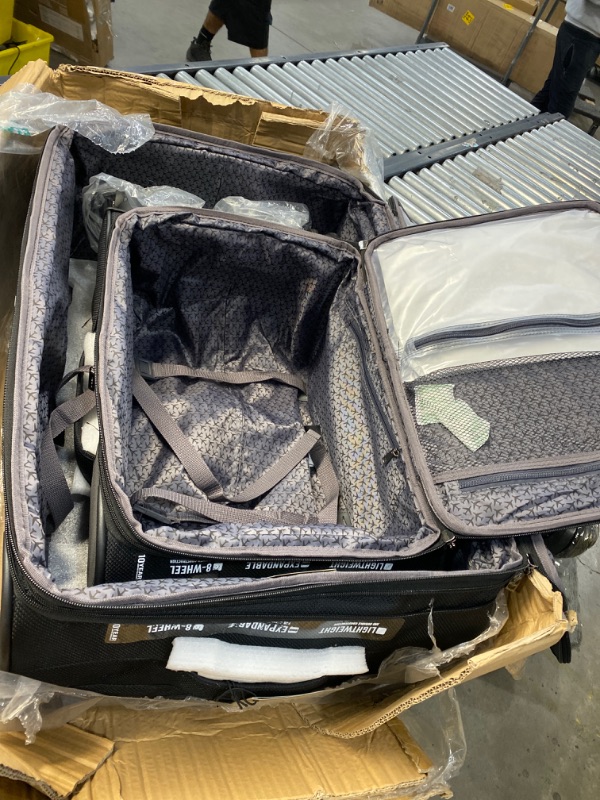 Photo 1 of **DAMAGED** Kenneth Cole Reaction Rugged Roamer Luggage Collection Lightweight Softside Expandable 8-Wheel Spinner Travel Suitcase Bag, Black, 2-Piece (20" Carry-On / 28" Check Size)

