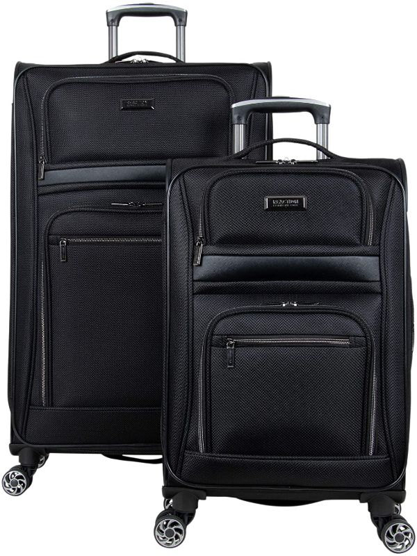 Photo 1 of **DAMAGED** Kenneth Cole Reaction Rugged Roamer Luggage Collection Lightweight Softside Expandable 8-Wheel Spinner Travel Suitcase Bag, Black, 2-Piece (20" Carry-On / 28" Check Size)
