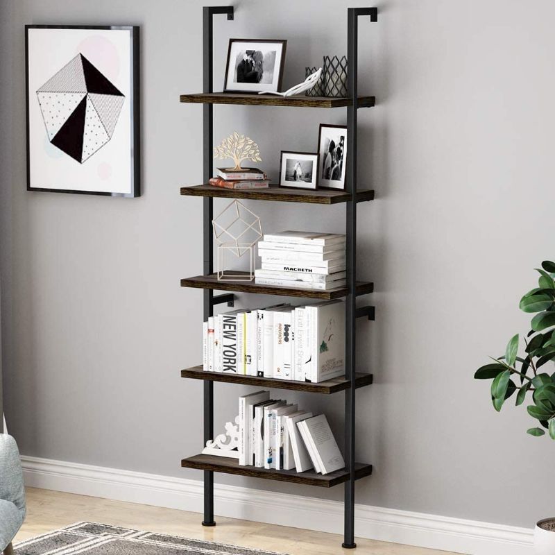 Photo 1 of Nollapo Ladder Bookcase 5 Tier Wood Bookshelf Against The Wall, 72.6 Inches Display Storage Rack Plant Flower Stand with Metal Frame, Ideal for Bedroom Living Room Balcony Office (Warm Walnut)
