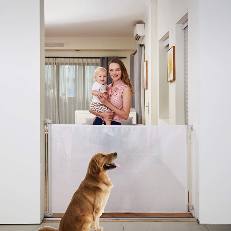 Photo 1 of EasyBaby Products Extra Wide Indoor Outdoor Retractable Baby Gate, 33" Tall, Extends up to 71" Wide, White
